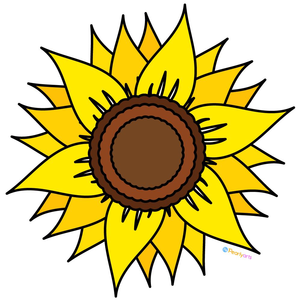 FREE Sunflower Clipart with outline WM | Pearly Arts | Royalty-free, 1000 by 1000, PNG, transparent background