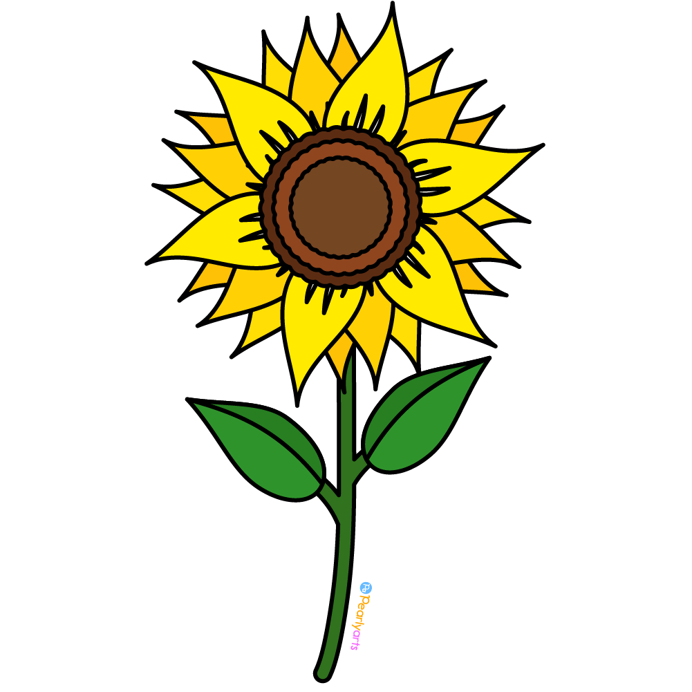 FREE Sunflower Stem Clipart with outline WM | Pearly Arts | Royalty-free, 1000 by 1000, PNG, transparent background
