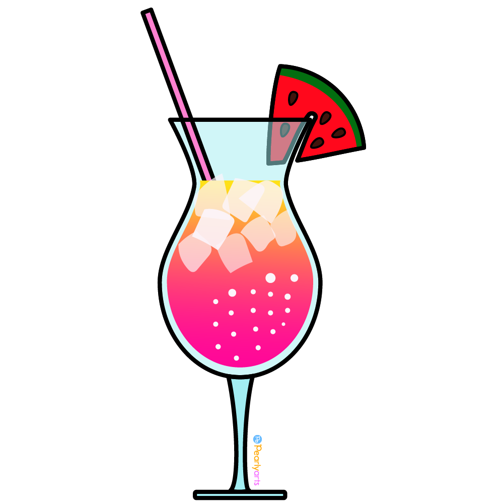 FREE Watermelon Summer Cocktail Clipart with outline WM | Pearly Arts | Royalty-free, 1000 by 1000, PNG, transparent background