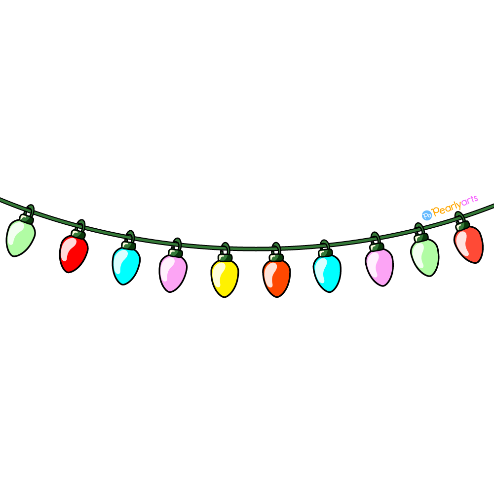 FREE Christmas Lights Clipart with outline WM | Pearly Arts  | Royalty-free, 1000 by 1000, PNG, transparent background
