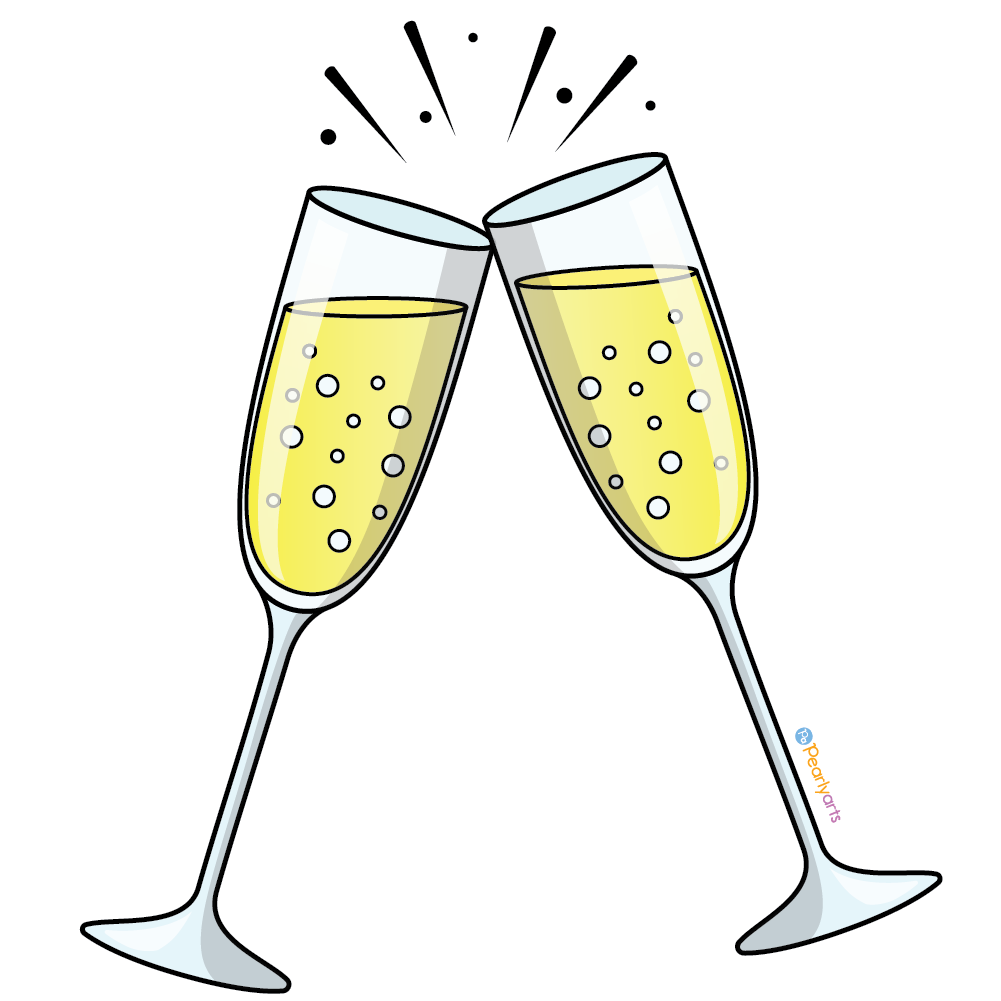 FREE Champagne Glasses Clipart with outline WM | Pearly Arts | Royalty-free, 1000 by 1000, PNG, transparent background