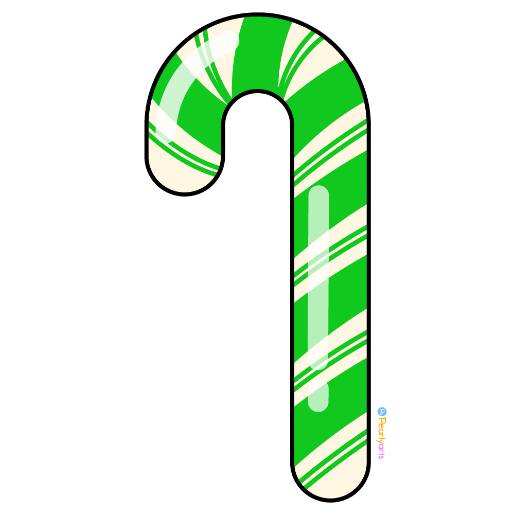 FREE Green Candy Cane Clipart with outline WM | Pearly Arts | Royalty-free, 1000 by 1000, PNG, transparent background
