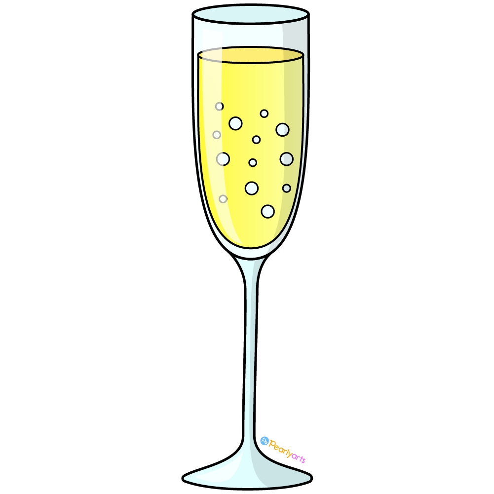 Free Champagne Glass Clipart with outline WM | Pearly Arts | Royalty-free, 1000 by 1000, PNG, transparent background
