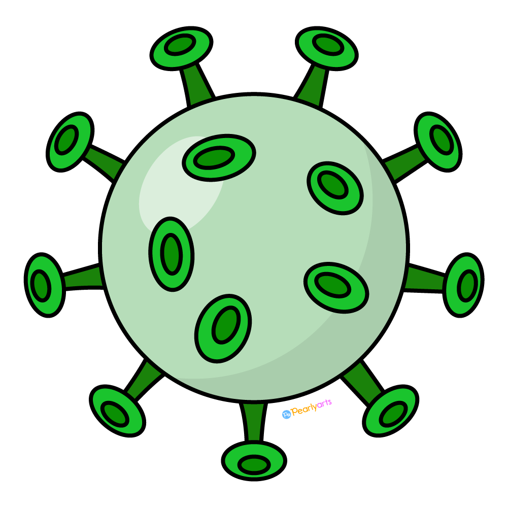 FREE Green Virus Clipart with outline WM | Pearly Arts | Royalty-free, 1000 by 1000, PNG, transparent background