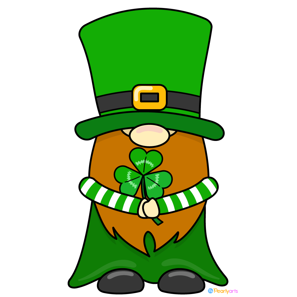 FREE St Patricks Day Gnome Clipart with outline WM | Pearly Arts | Royalty-free, 1000 by 1000, PNG, transparent background