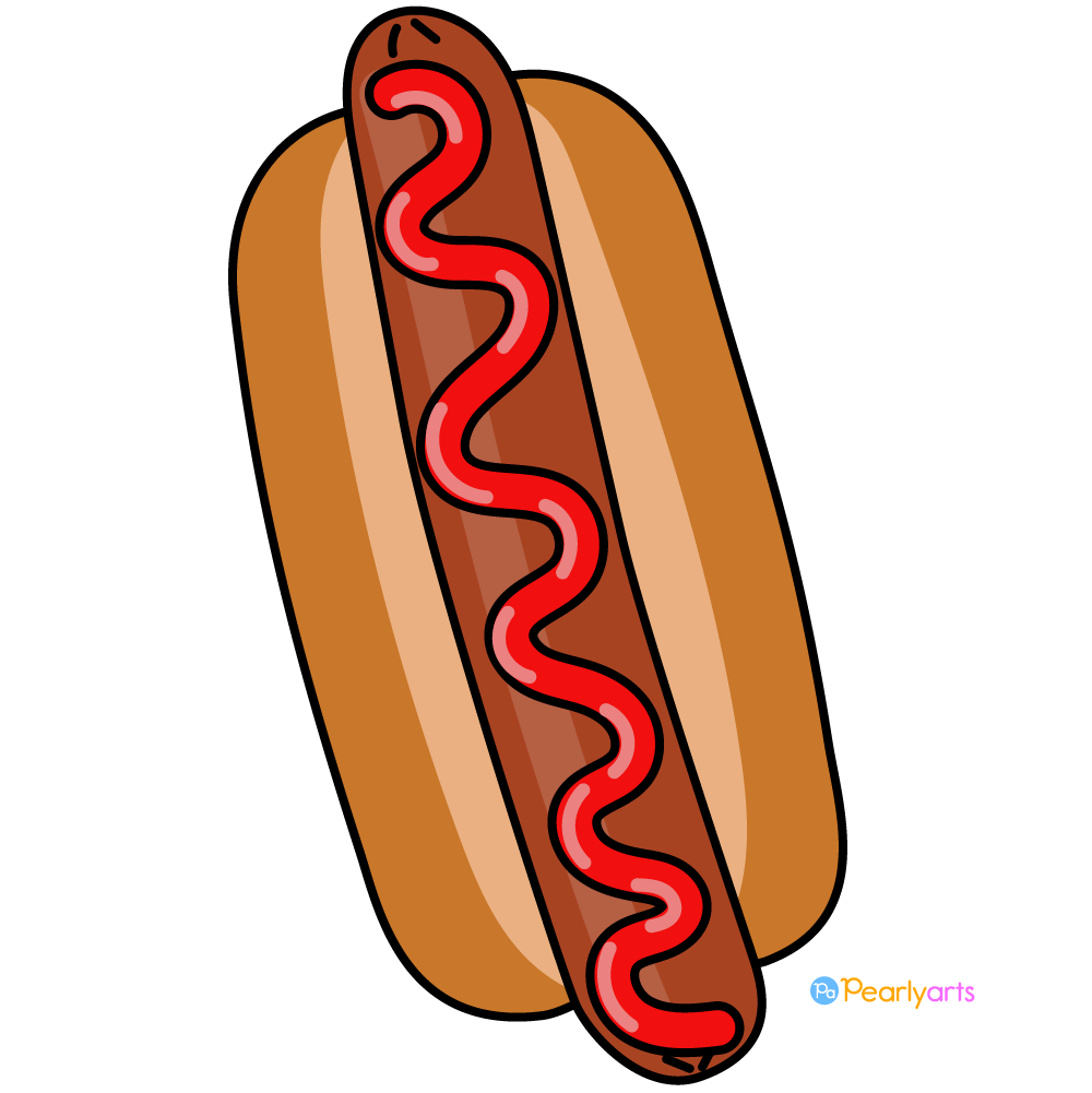 FREE Hot dog Clipart with outline WM | Pearly Arts | Royalty-free, 1000 by 1000, PNG, transparent background