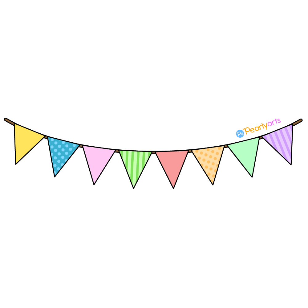 Multicolored Pennant Banner Clipart with outline WM | Pearly Arts